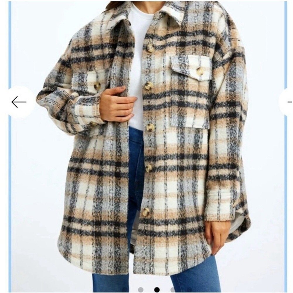 Good American Brushed Boyfriend Plaid Shacket Size 1/2 S/M Preppy Camping Fall